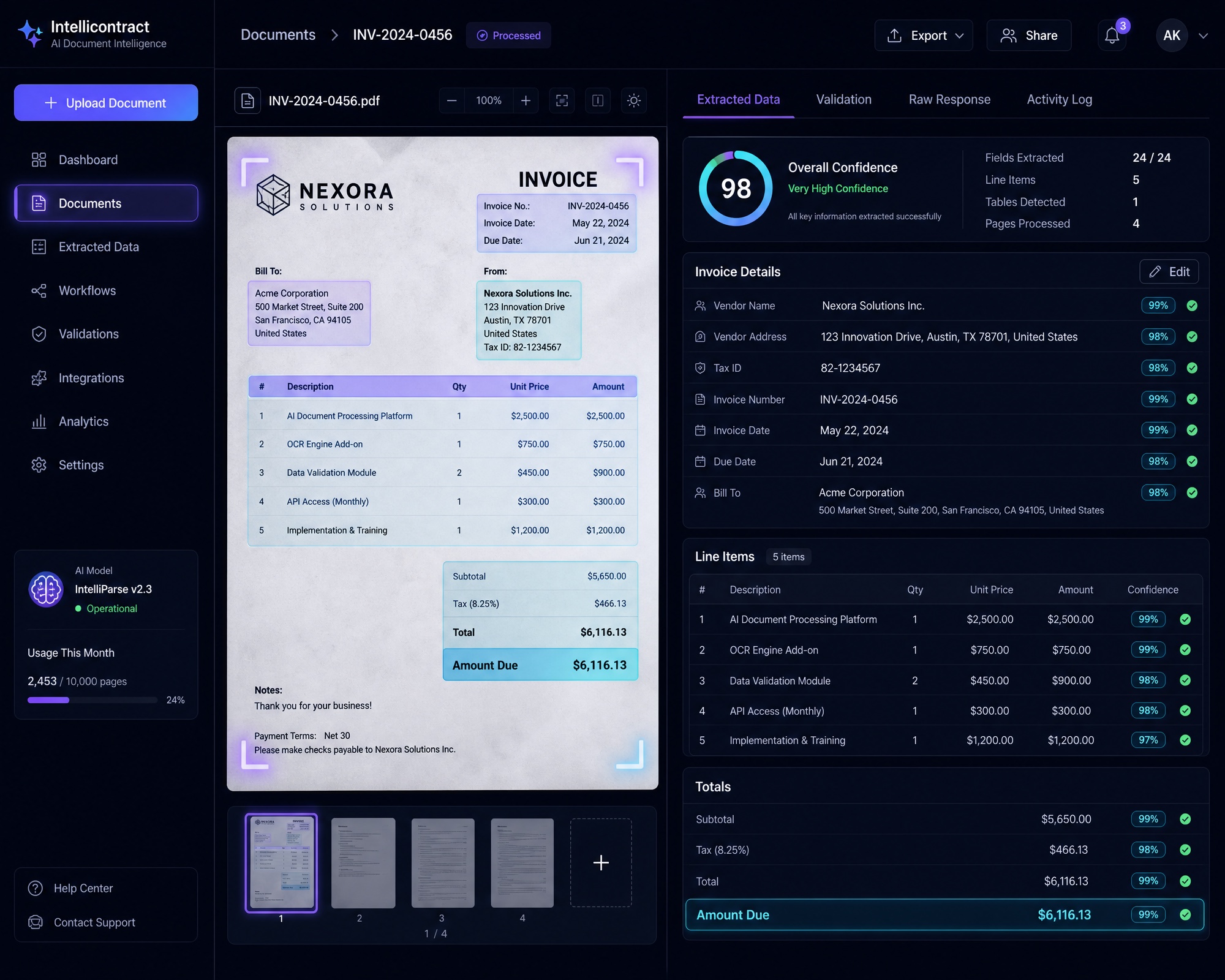 Document intelligence extracting and validating structured invoice data