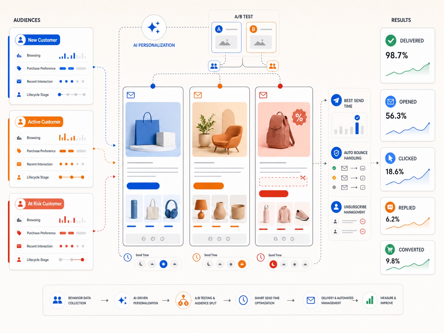 AI email automation personalizing audiences, testing variants, optimizing send time, and measuring conversion